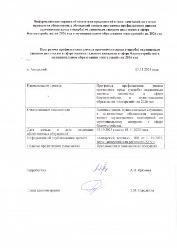 Информационная справка о результатах общественных обсуждений по проекту программы профилактики рисков в сфере благоустройства